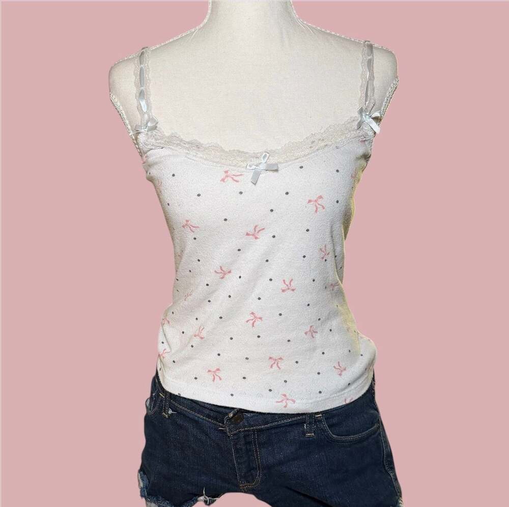 Just Polly Lace Trim Cami Small White Pink Bow Polka Dot‎ Y2K Tank